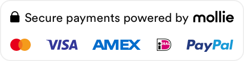 Secure payments powered by Mollie: iDEAL, Visa, Mastercard, American Express, PayPal